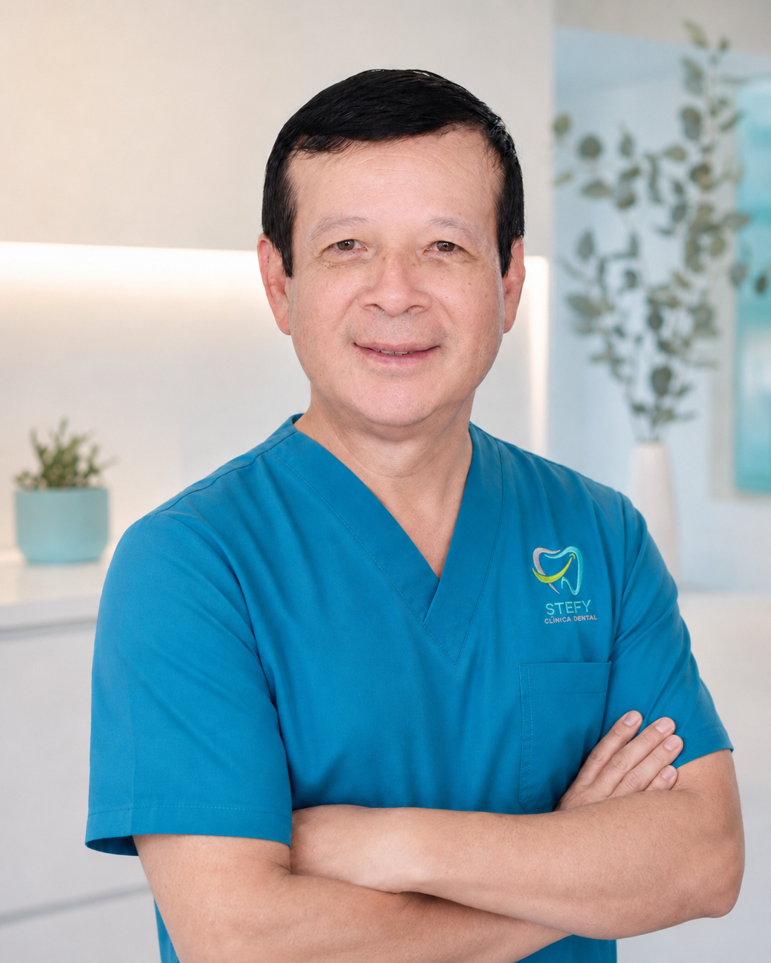 Frank Alayza, odontólogo de Stefy Dental con uniforme clínico azul.