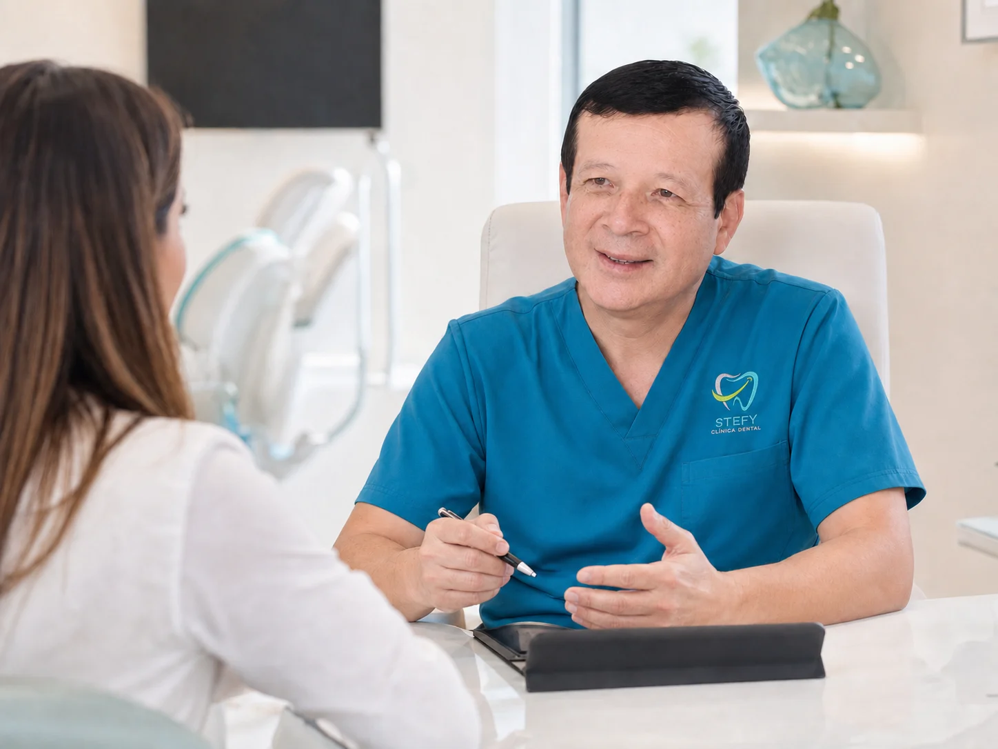 Frank Alayza conversando con una paciente durante una evaluación dental, imagen ilustrativa.