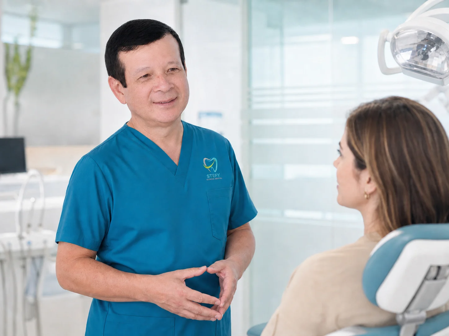 Orientación dental cercana entre un odontólogo y una paciente, imagen ilustrativa.