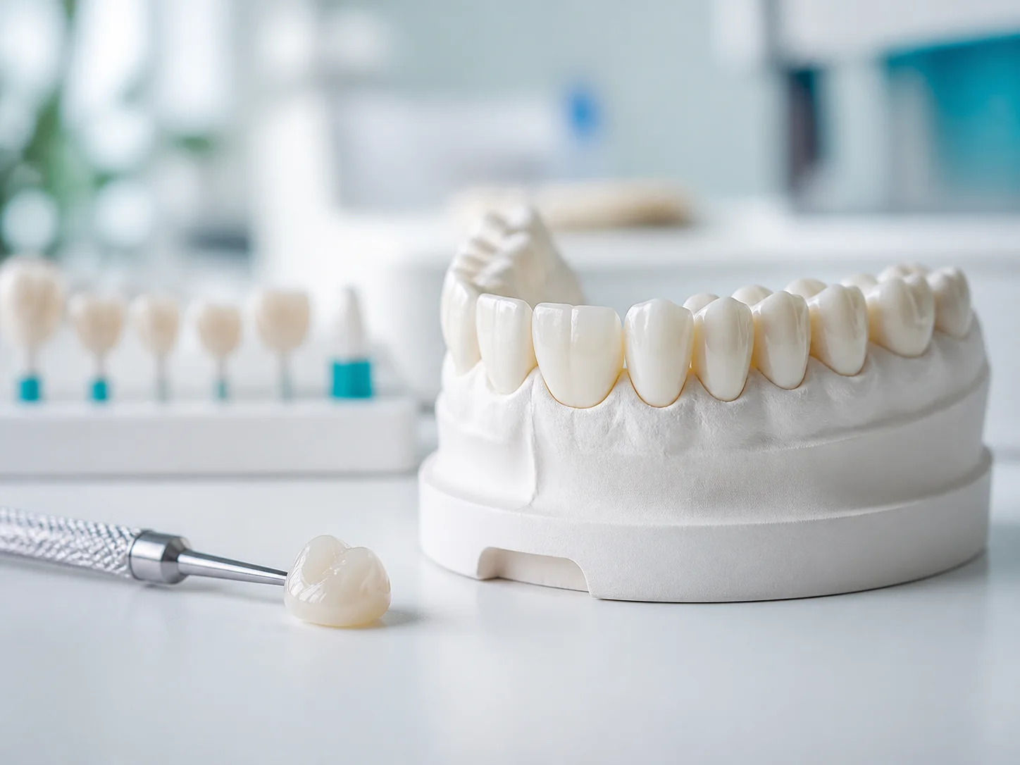 Modelo dental y pieza protésica en un entorno clínico, imagen ilustrativa.